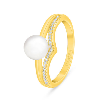 خاتم من الفضة الخالصة عيار 925 مطلي ذهبي مرصع لولو ابيض طبيعي و فص ابيض