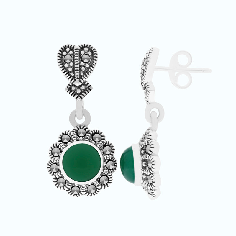Sterling Silver 925 Earring Embedded With Natural Green Agate And Marcasite Stones