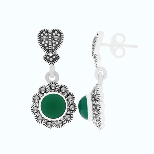 Sterling Silver 925 Earring Embedded With Natural Green Agate And Marcasite Stones