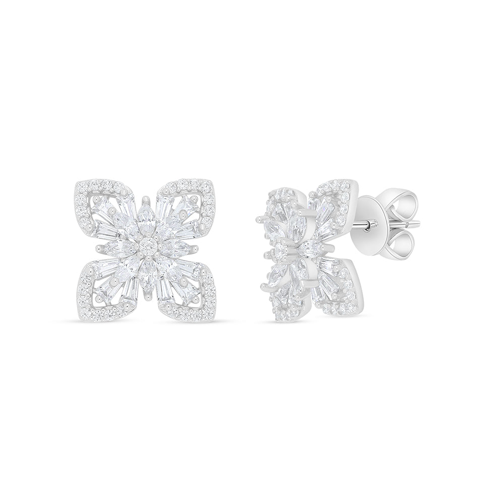 Sterling Silver 925 Earring Rhodium Plated Embedded With White Zircon