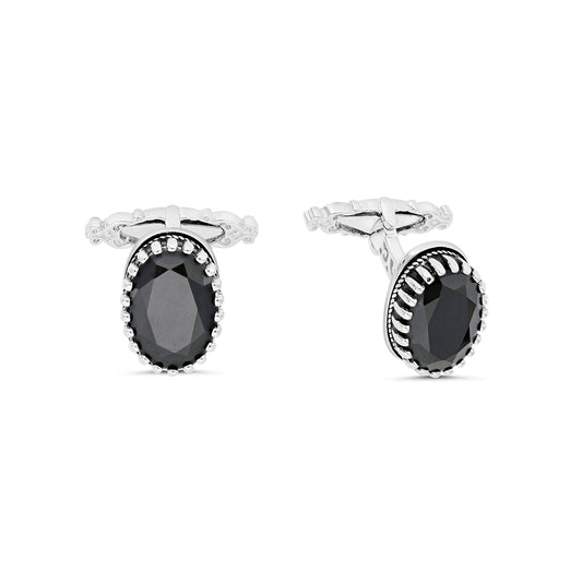 Sterling Silver 925 Cufflink Rhodium And Black Plated Embedded With Black Spinal Stone