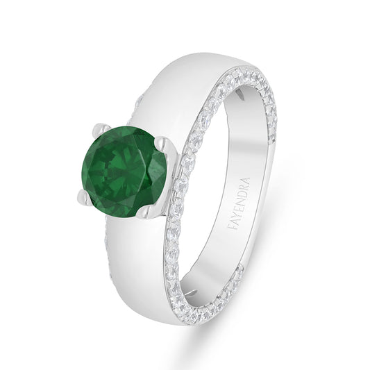 Sterling Silver 925 Ring Rhodium Plated Embedded With Emerald Zircon And White Zircon