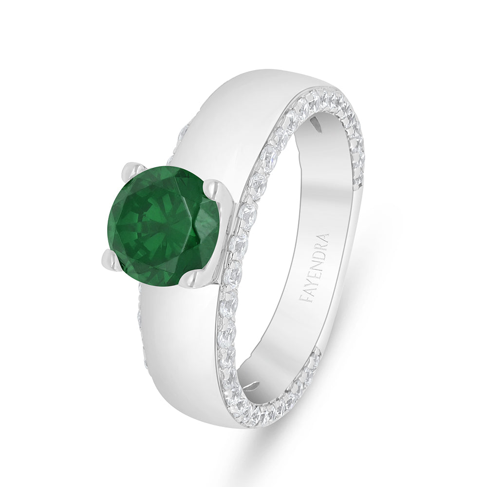 Sterling Silver 925 Ring Rhodium Plated Embedded With Emerald Zircon And White Zircon
