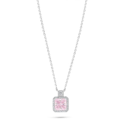 Sterling Silver 925 Necklace Rhodium Plated Embedded With Pink Zircon And White Zircon