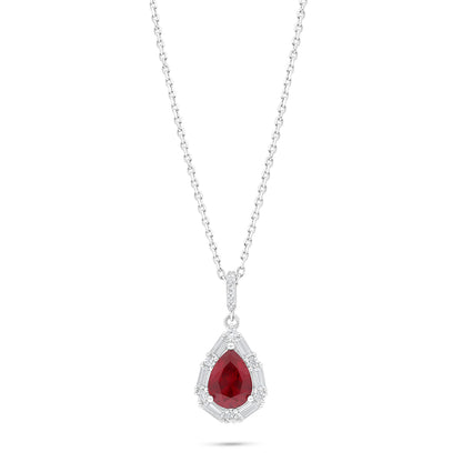 Sterling Silver 925 Necklace Rhodium Plated Embedded With Ruby Corundum And White Zircon