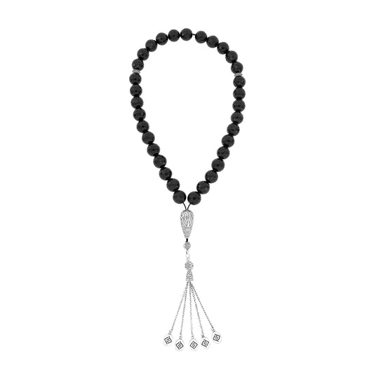 Rosary 33 Sterling Silver 925 Set Oxidized Embedded With Black Agate Faceted Round Bead 12 ML LOGO