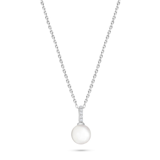 Sterling Silver 925 Necklace Rhodium Plated Embedded With Natural White Pearl And White Zircon