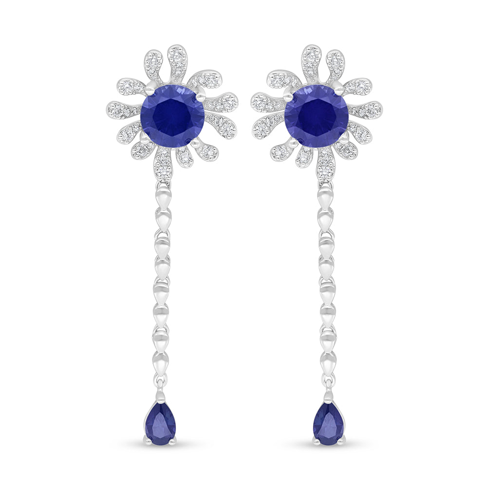 Sterling Silver 925 Earring Rhodium Plated Embedded With Sapphire Corundum And White Zircon