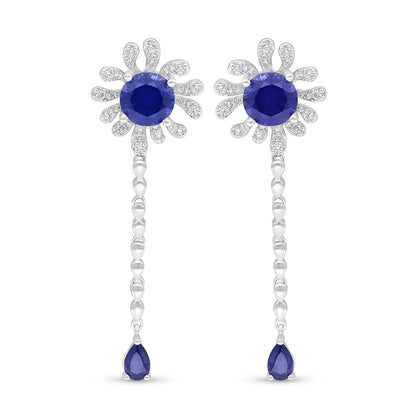 Sterling Silver 925 Earring Rhodium Plated Embedded With Sapphire Corundum And White Zircon