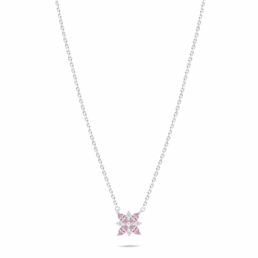 Sterling Silver 925 Necklace Rhodium Plated Embedded With Pink Zircon And White Zircon