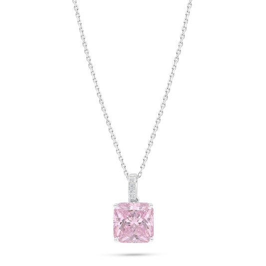 Sterling Silver 925 Necklace Rhodium Plated Embedded With Pink Zircon And White Zircon