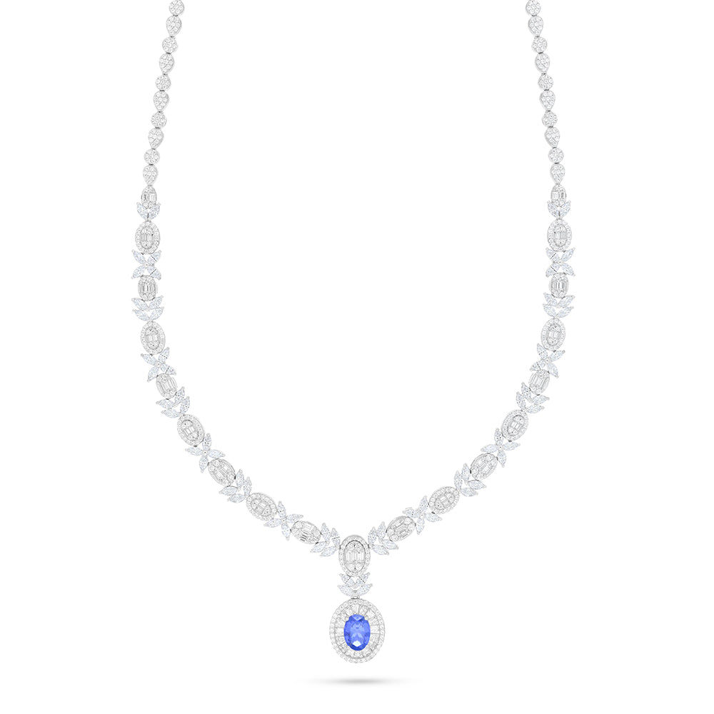 Sterling Silver 925 Set Rhodium Plated Embedded With Sapphire Corundum And White Zircon