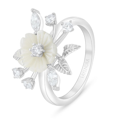 Sterling Silver 925 Ring Rhodium Plated Embedded With White Shell And White Zircon