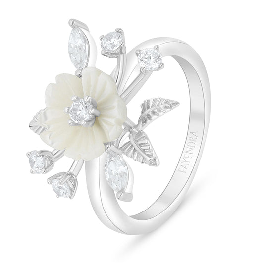 Sterling Silver 925 Ring Rhodium Plated Embedded With White Shell And White Zircon