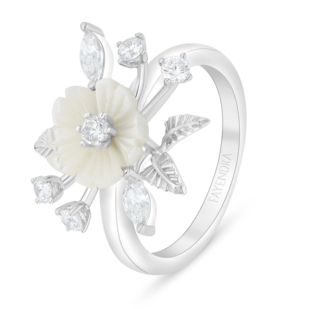 Sterling Silver 925 Ring Rhodium Plated Embedded With White Shell And White Zircon