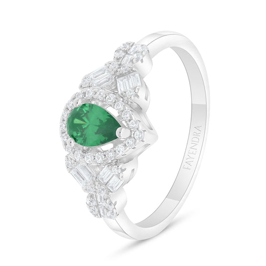 Sterling Silver 925 Ring Rhodium Plated Embedded With Emerald Zircon And White Zircon