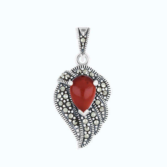 Sterling Silver 925 Pendant Embedded With Natural Aqiq And Marcasite Stones