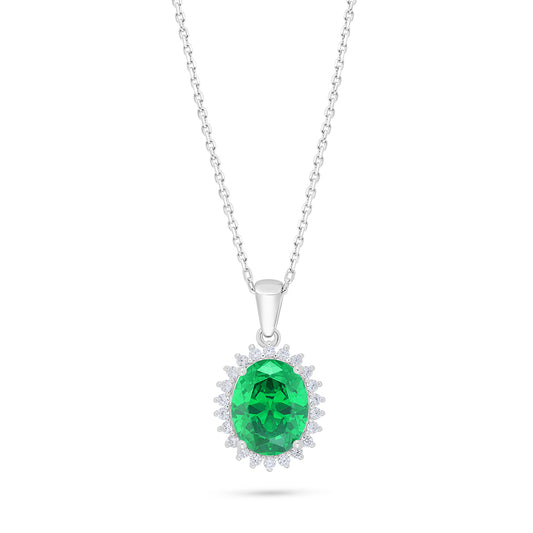 Sterling Silver 925 Necklace Rhodium Plated Embedded With Emerald Zircon And White Zircon