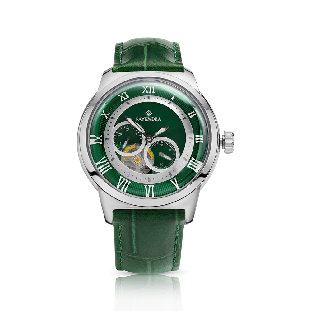 Stainless Steel 316L Watch Silver ColorGreen Leather For Men - GREEN MOP DIAL