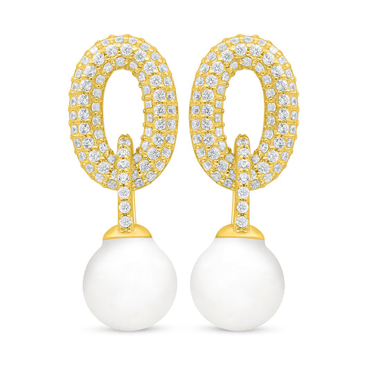 Sterling Silver 925 Earring Golden Plated Embedded With Natural White Pearl And White Zircon