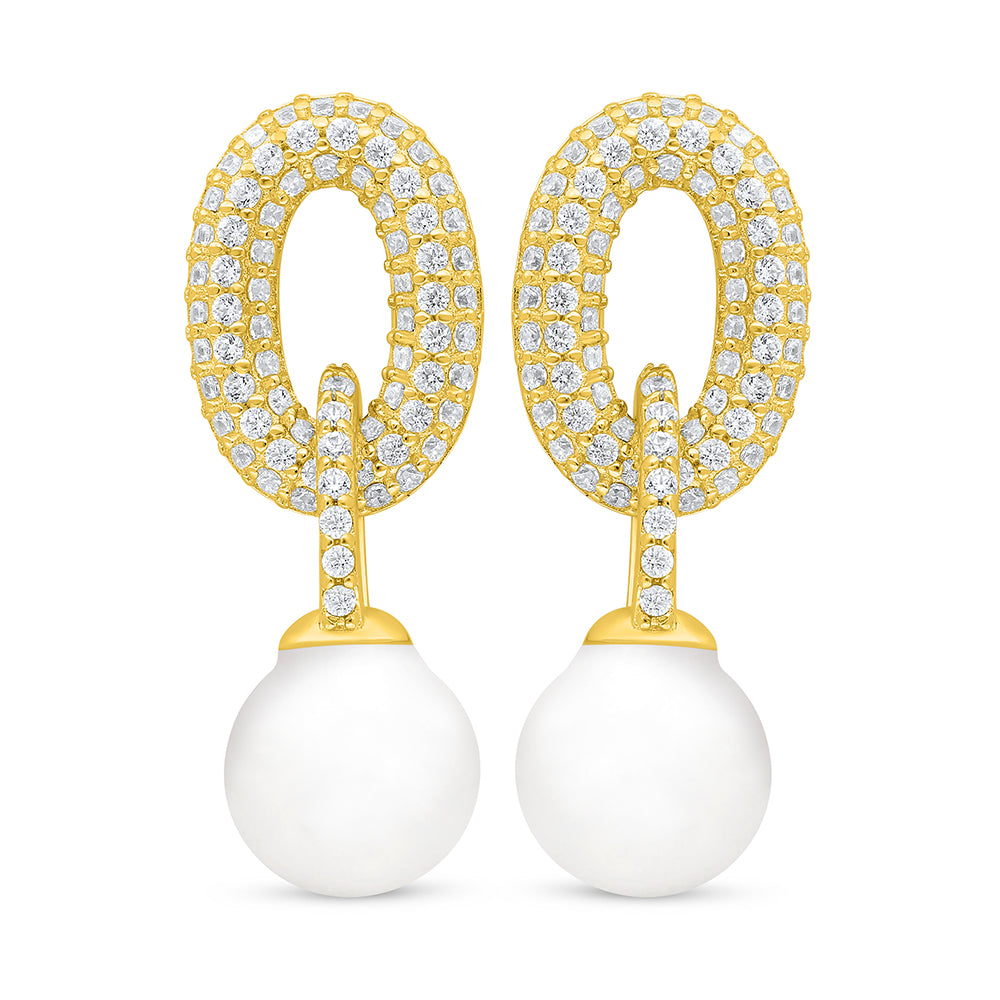 اقراط من الفضة الخالصة عيار 925 مطلية ذهبي مرصعة لولو ابيض طبيعي و فص ابيض