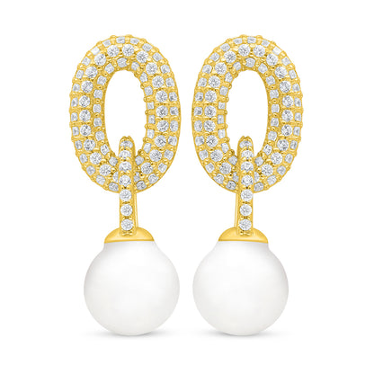 اقراط من الفضة الخالصة عيار 925 مطلية ذهبي مرصعة لولو ابيض طبيعي و فص ابيض