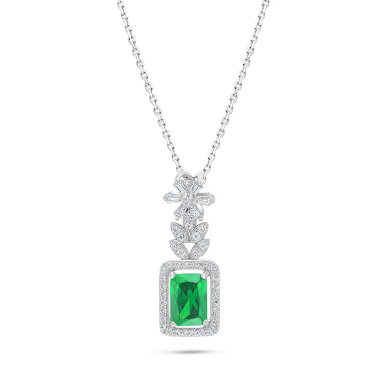 Sterling Silver 925 Necklace Rhodium Plated Embedded With Emerald Zircon And White Zircon