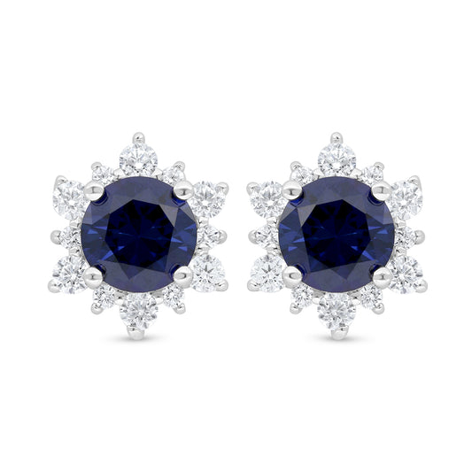 Sterling Silver 925 Earring Rhodium Plated Embedded With Sapphire Corundum And White Zircon