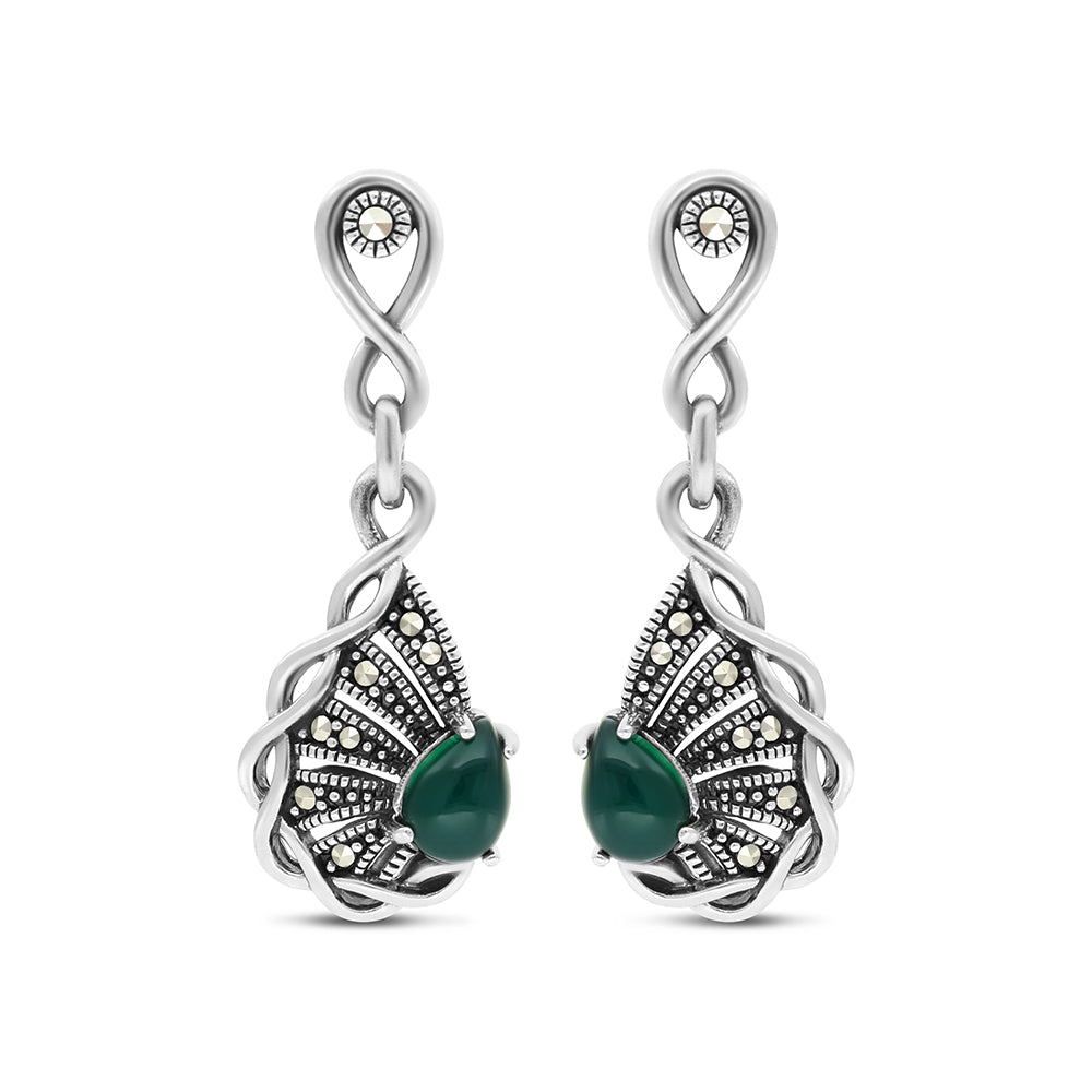 Sterling Silver 925 Earring Embedded With Natural Green Agate And Marcasite Stones
