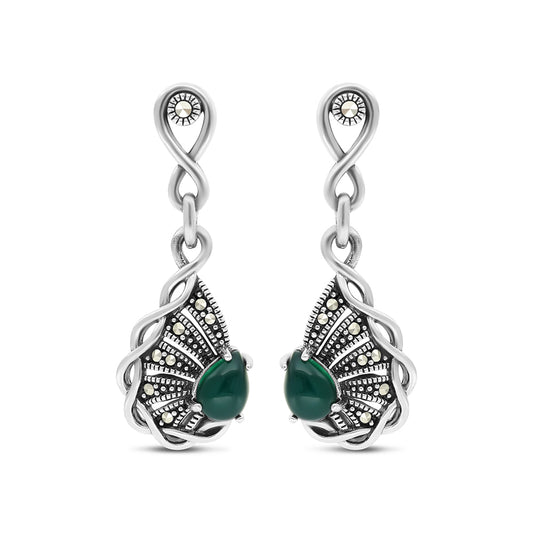 Sterling Silver 925 Earring Embedded With Natural Green Agate And Marcasite Stones