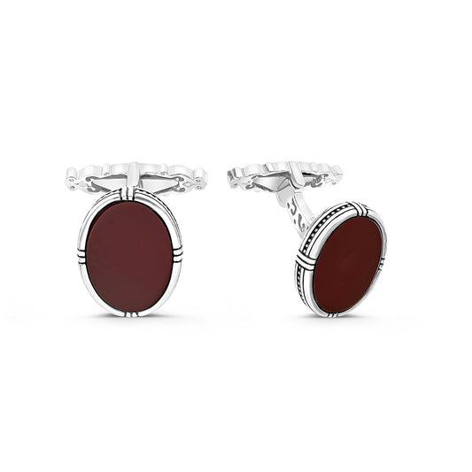 Sterling Silver 925 Cufflink Rhodium And Black Plated Embedded With Red Natural Aqiq