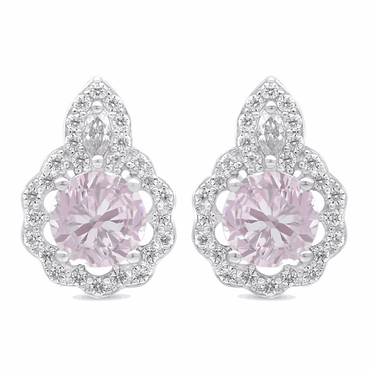 Sterling Silver 925 Earring Rhodium Plated Embedded With Pink Zircon And White Zircon