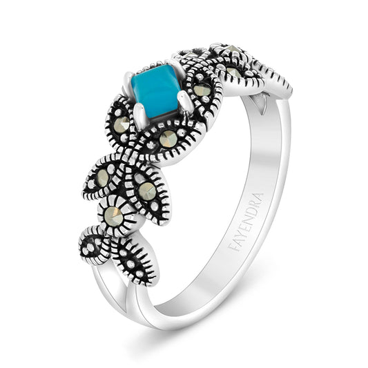Sterling Silver 925 Ring Embedded With Natural Processed Turquoise And Marcasite Stones