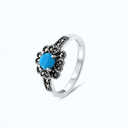 Sterling Silver 925 Ring Embedded With Natural Processed Turquoise And Marcasite Stones