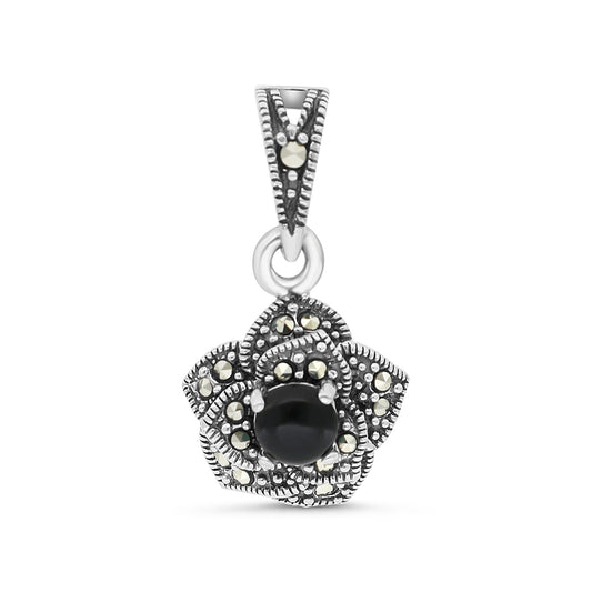 Sterling Silver 925 Pendant Embedded With Natural Black Agate And Marcasite Stones