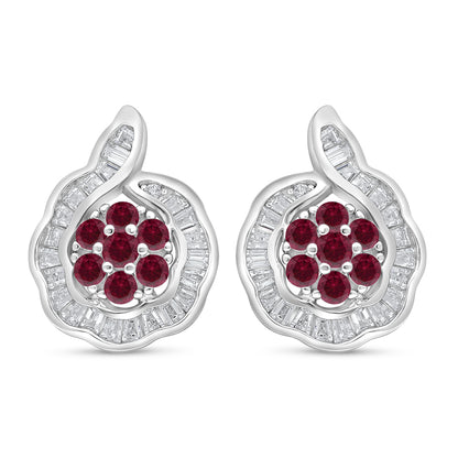 Sterling Silver 925 Earring Rhodium Plated Embedded With Ruby Corundum And White Zircon