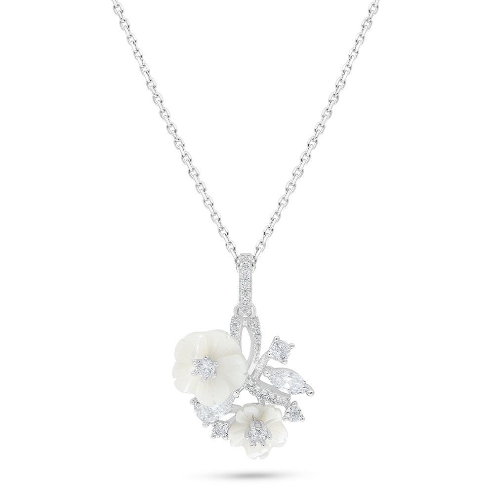 Sterling Silver 925 Necklace Rhodium Plated Embedded With White Shell And White Zircon