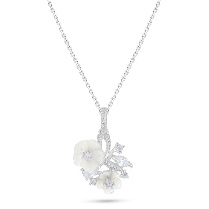 Sterling Silver 925 Necklace Rhodium Plated Embedded With White Shell And White Zircon