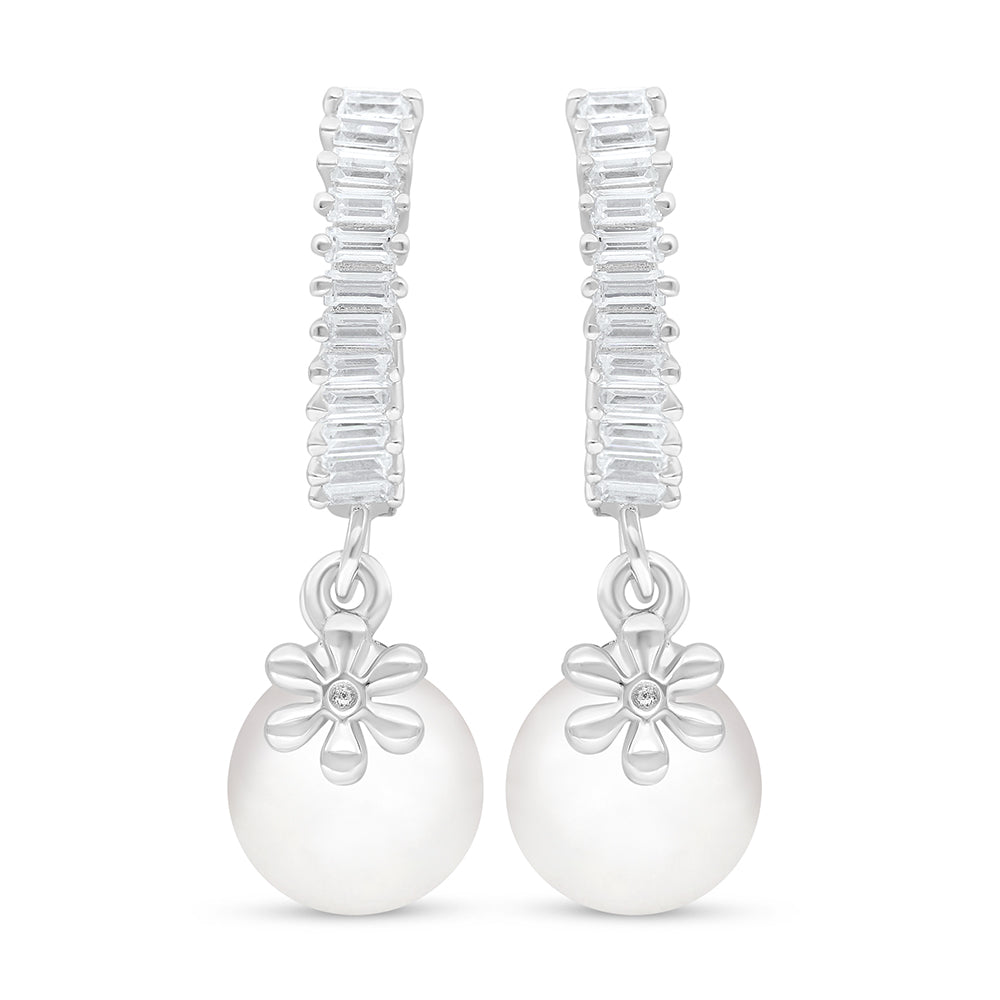 Sterling Silver 925 Earring Rhodium Plated Embedded With Natural White Pearl And White Zircon