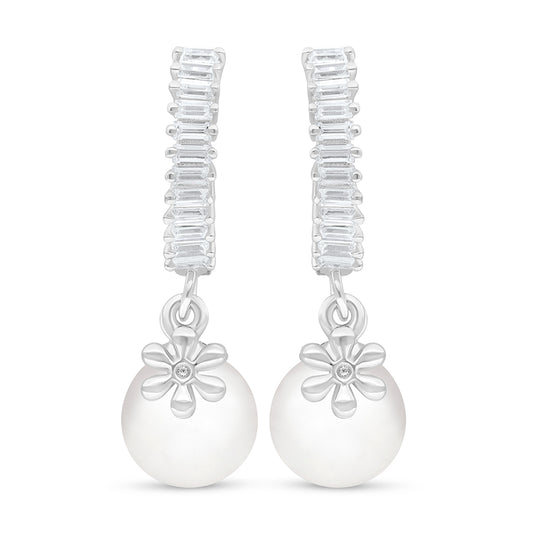 Sterling Silver 925 Earring Rhodium Plated Embedded With Natural White Pearl And White Zircon
