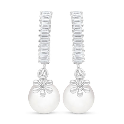 Sterling Silver 925 Earring Rhodium Plated Embedded With Natural White Pearl And White Zircon