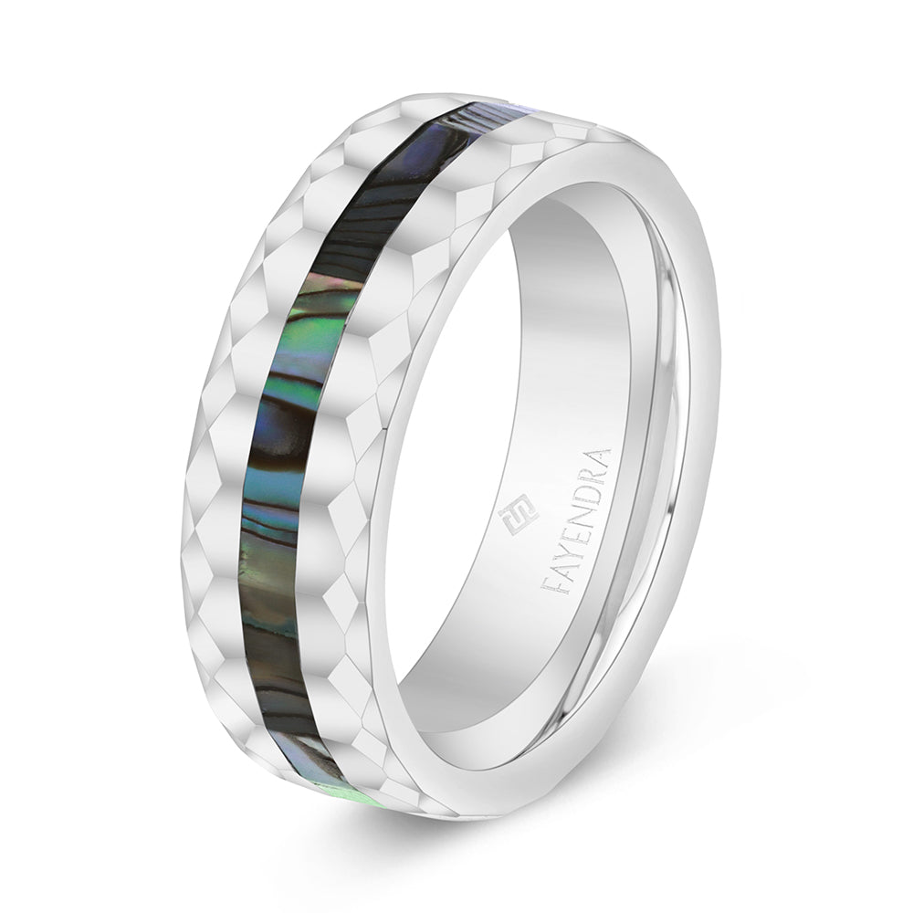 دبلة رجالي مصنوعة من التونغستان كاربيد بلون الستيل و احجار صدف استرالي