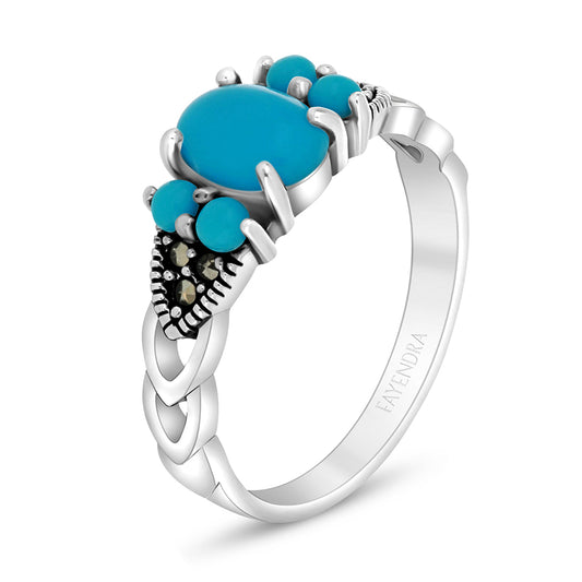 Sterling Silver 925 Ring Embedded With Natural Processed Turquoise And Marcasite Stones