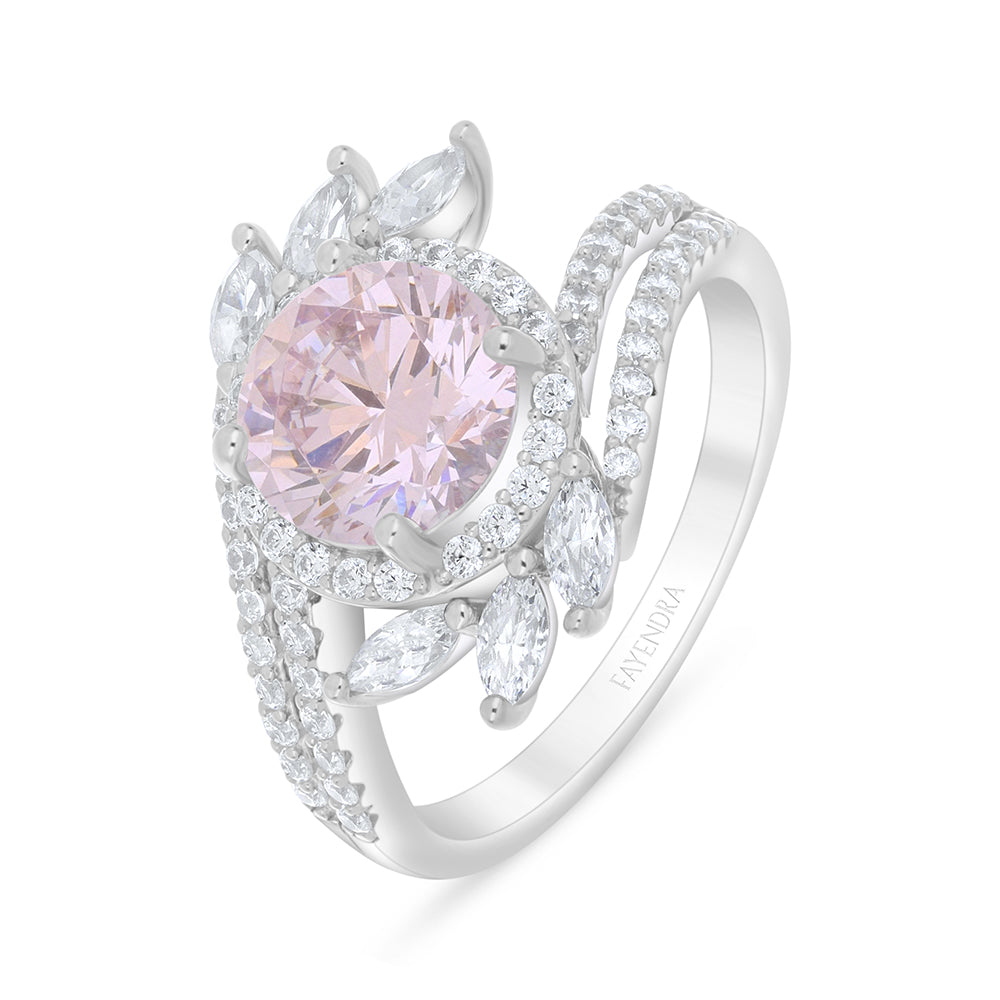Sterling Silver 925 Ring Rhodium Plated Embedded With Pink Zircon And White Zircon