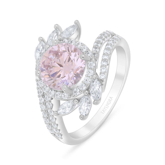 Sterling Silver 925 Ring Rhodium Plated Embedded With Pink Zircon And White Zircon