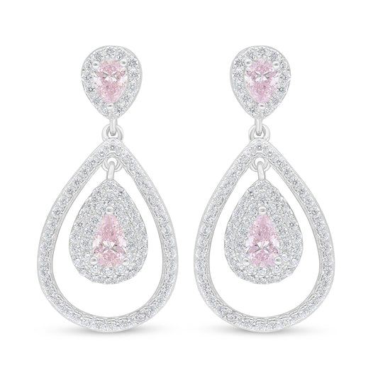 Sterling Silver 925 Earring Rhodium Plated Embedded With Pink Zircon And White Zircon