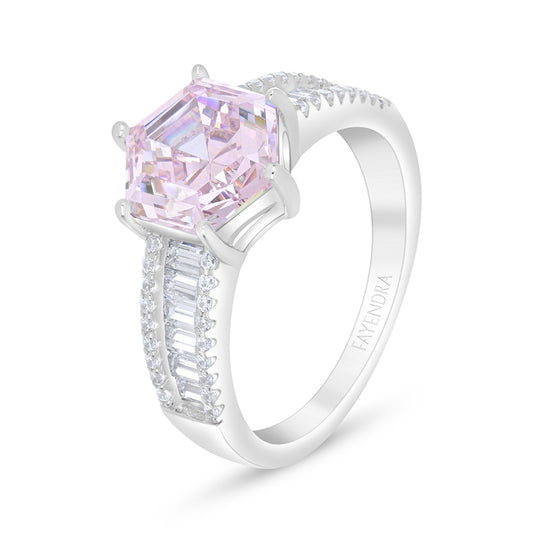 Sterling Silver 925 Ring Rhodium Plated Embedded With Pink Zircon And White Zircon
