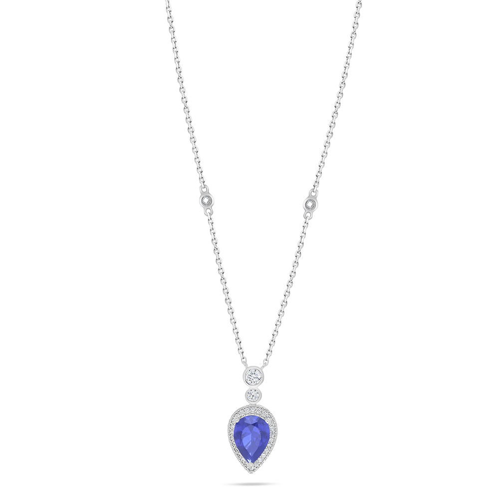 Sterling Silver 925 Necklace Rhodium Plated Embedded With Sapphire Corundum And White Zircon