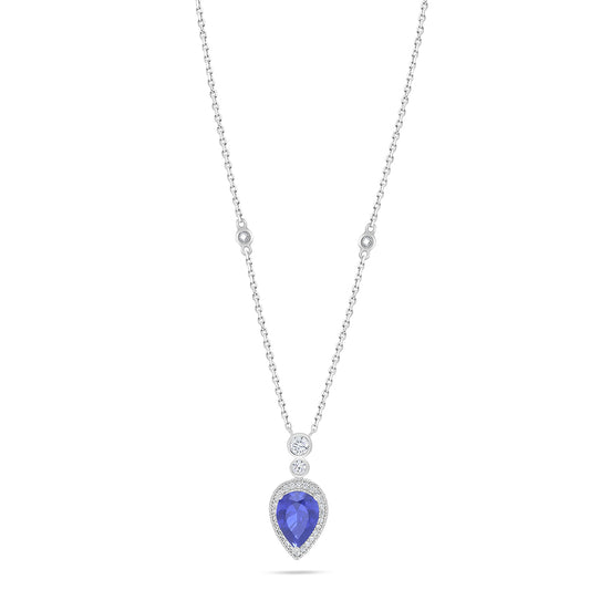 Sterling Silver 925 Necklace Rhodium Plated Embedded With Sapphire Corundum And White Zircon