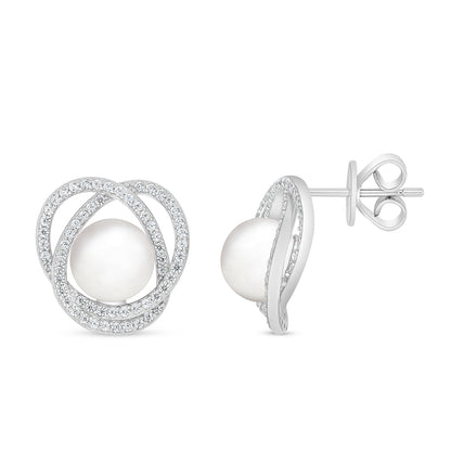 Sterling Silver 925 Earring Rhodium Plated Embedded With Natural White Pearl And White Zircon